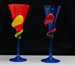 Pair of Tall Stem Mexican Fire-Blown Glasses Vibrant Colors Swirls 10.25in USED