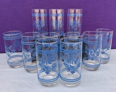 Set of 11 Pfaltzgraff Yorktowne 16oz Clear & Blue Water Tumblers Glass Glassware