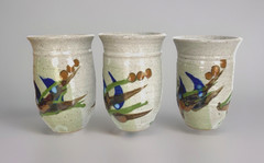 Set of 3 Studio Art Stoneware Pottery Tumblers/Glasses, 5-3/4″ Tall, Signed