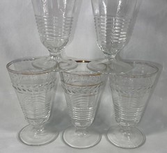 VTG Set 6 Federal Glass Clear Etched Footed Ribbed Tumbler 4 1/2” Tall