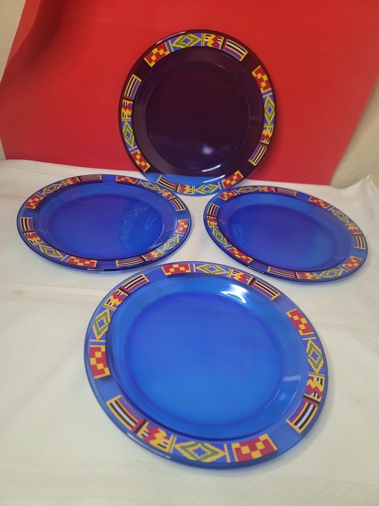 NEW Set of 4 Vintage Avon Kente Pattern DINNER PLATES Cobalt Blue NOS 10.25″