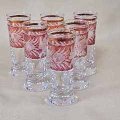 Bohemian Pink Cut To Clear VTG Cordial Glasses Set 6 Gold Trim Etched Crystal