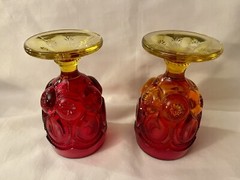 Pair Vtg LE Smith Moon & Star Amberina Water Wine Goblets Glasses CADMIUM GLOW