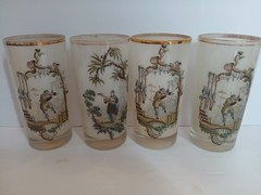 Set of 4 Federal Glass Highball Tom Collins Frosted Chinoiserie Asian Gilded Rim