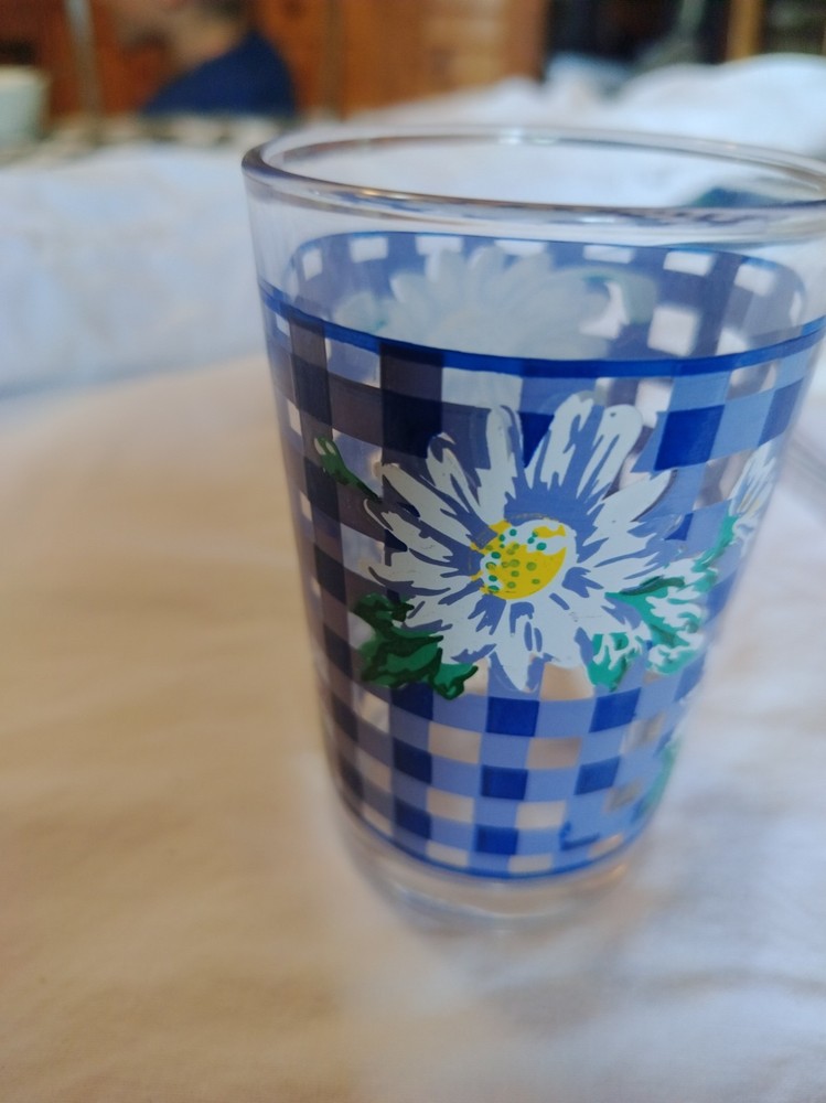 Vintage KIG Indonesia Blue Gingham And White Daisy Juice Glasses Set Of Six.