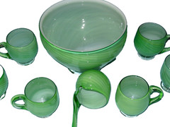 Murano Carlo Moretti 8 Pc Punch Bowl Set, Green & White Cased Glass OOAK, Italy