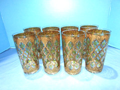 8 Vintage Culver Valencia Highball Glasses 22K Gold Green Diamond MCM EXCELLENT