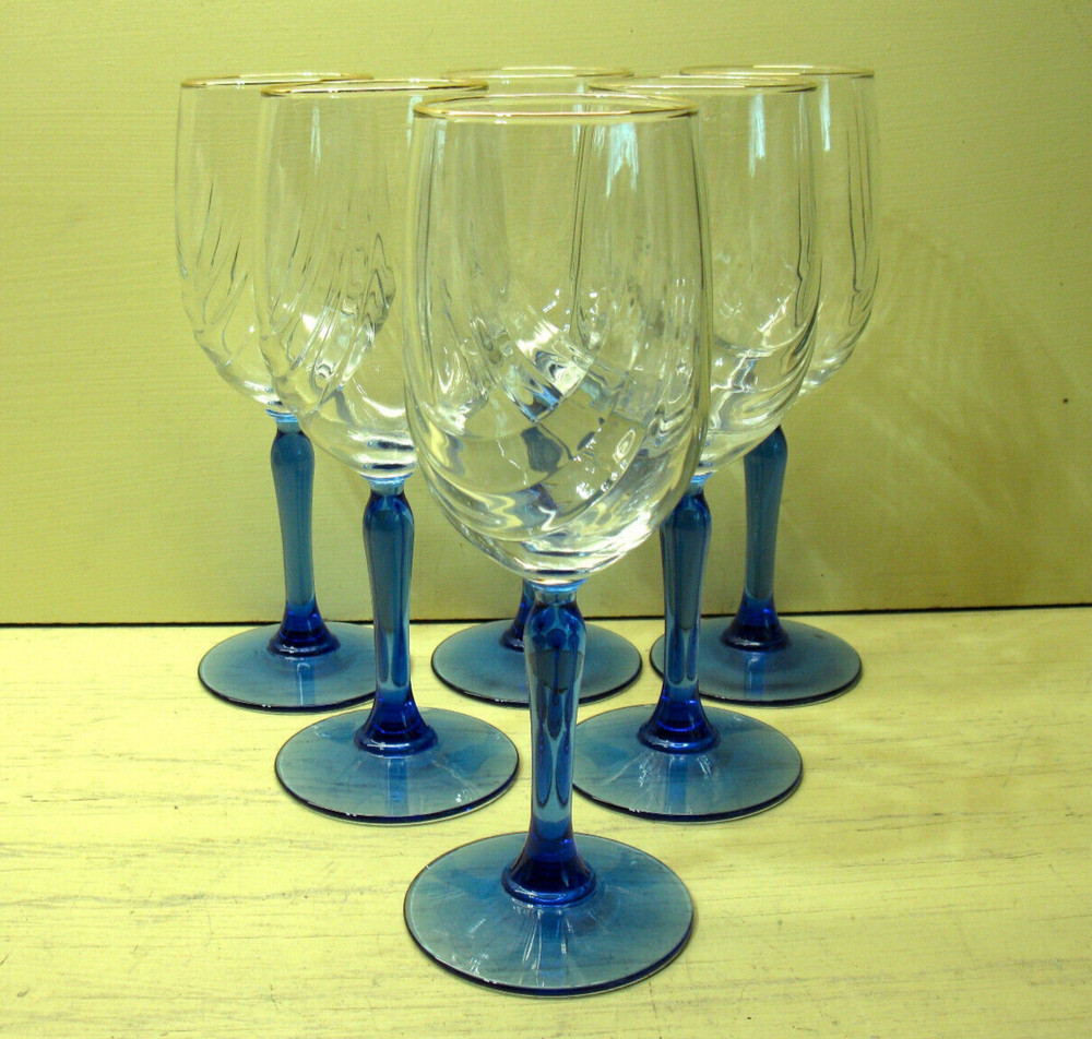 6 Libbey CRYSTAL BLUE Water Goblets Drape Optic Clear Bowls Blue Stems Gold Trim
