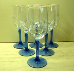 6 Libbey CRYSTAL BLUE Water Goblets Drape Optic Clear Bowls Blue Stems Gold Trim