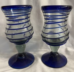 Hand Blown Clear With Blue Goblets Set of (2) 6”, Mexico