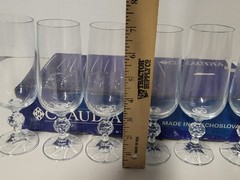 NIB 6 Bohemian Crystal Diamond Ball Stem Champagne Flutes Vintage Czechoslavakia