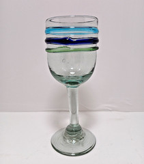 Mexican Hand Blown Wine Glass Bubble Goblet Turquoise Cobalt Blue Green Rings