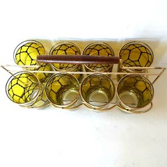 Mid-Century Libbey Tumbler Glasses Yellow & Black in Metal Caddy 8-Set Vintage