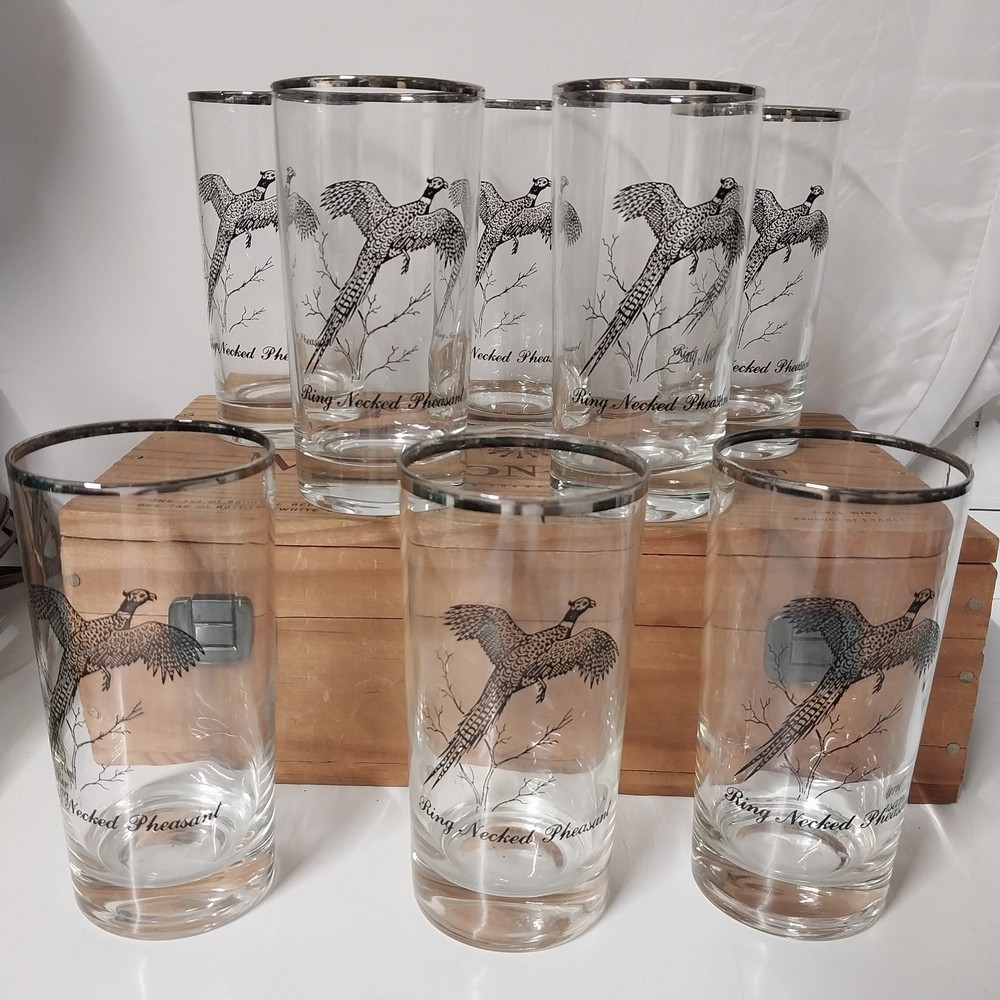 Set Of 8 Vintage Silver Rimmed Federal Glass Wild Game Bird Pheasant Glasses