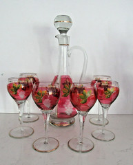 Vtg. Romanian Hand Painted Grapevine Ruby Red Flash Wine Glasses & Decanter 7pc