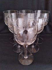 6 Vintage MCM 11 oz Clear Stemmed Wine Glasses w/ Etched Grape Leaf Vine Design