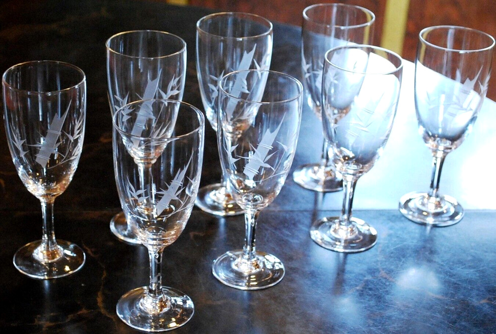 Vintage Set 8 HAND CUT ASIAN BAMBOO STEMS & LEAVES Wine Glasses 5.5″ Hand Blown