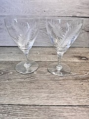 1950’s Val Saint Lambert Etched 6.25”Crystal wine goblets 10 Oz Signed~set Of 2