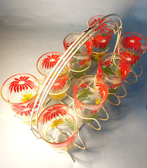 Vintage HAZEL ATLAS Flowery GARDEN VARIETY Glass Drinking Glasses w/Carrier 8pcs