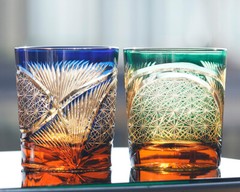 4PCS Japan Style Edo Kiriko Drinkware Hand Cut To 4Color Whisky Glasses Set 9oz