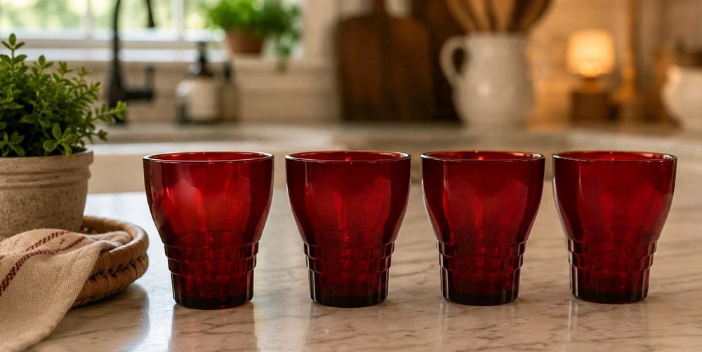 Set of 4 Anchor Hocking Royal Ruby Red Windsor 9 oz. Flat Water Tumblers 1950’s