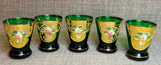 Murano Emerald Green Cordial Glass Gold Gilding and Enamel Flowers 5 pc Set