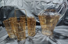 Vintage Corning Pyrex Gold Striped Pitcher & Glass Set With Glass Caddy MCM