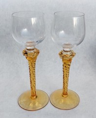 Set of 2 Vintage Bohemian Amber & Clear Art Glass Wine Goblets w/Crown Hallmark