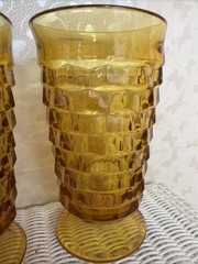 Vintage Set of 2 Indiana Glass Whitehall Cubist 6″ Tall Footed Glasses Amber