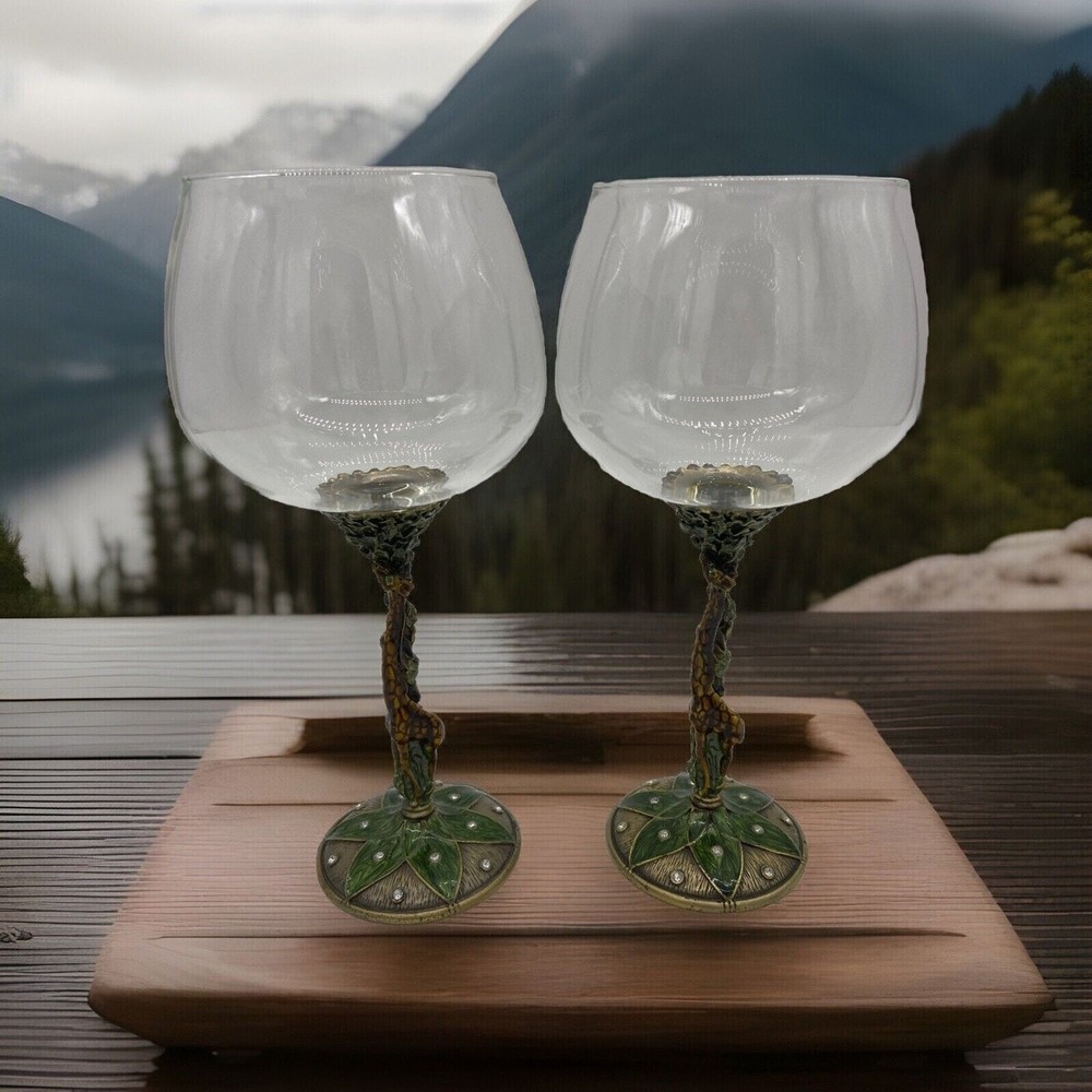 Set of 2 Rhinestone Jeweled Wine Glasses Goblet Bronze Enamel Stem Giraffe 8.5″