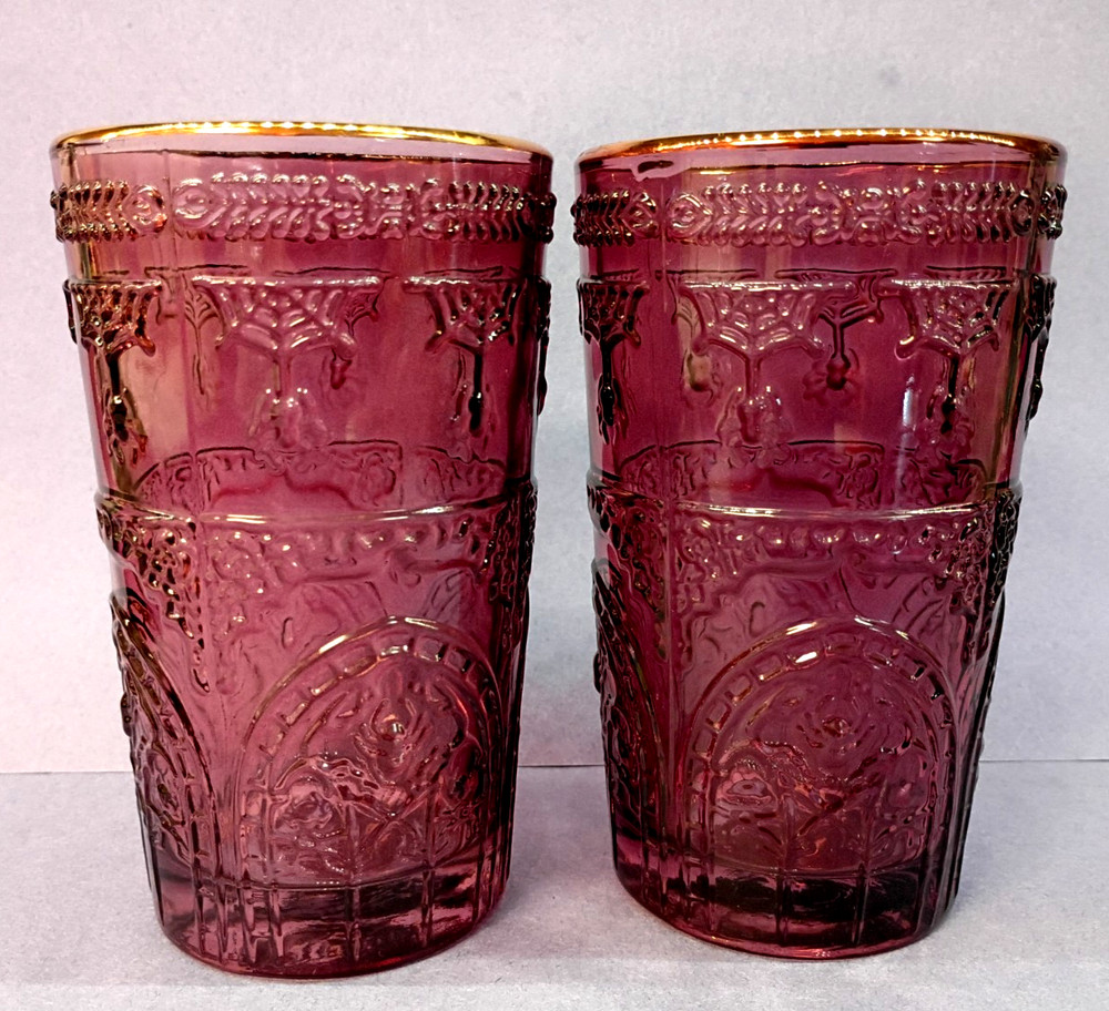 2 Scary Gothic Halloween Spider Purple Glass Drinking Glasses 10 Ounce Gold Rim