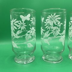 Vintage Kitchen 6” Floral Butterfly Clear Glass Tumblers Drinking Glasses Set 4