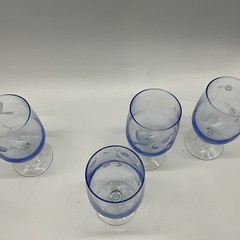 4 Water Goblets, Light Blue, Clear Stems, Etched Floral W/ Humming Birds 6 1/4”