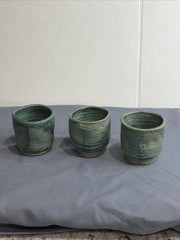 VTG Studio Pottery Sake 4 Piece Set Teal Drip Glaze Tokkuri 3 Cups Boho Barware