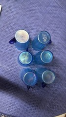 Fenton Celeste Blue Stretch Glass Pitcher and six glasses Cobalt Handles HTF