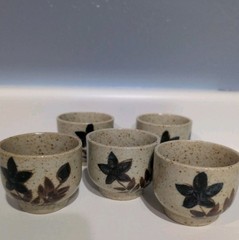 Japanese Asahi Tea Pot and 5 Cups Brown Stoneware w/ Painted Blue Flower Design