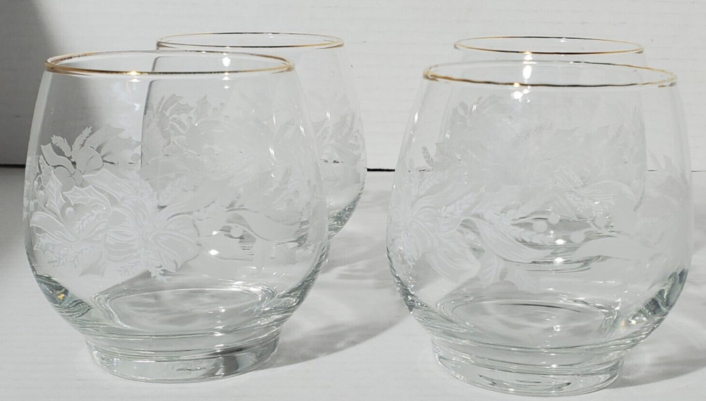 Vintage Libbey Christmas Ribbons and Bows Double Old Fashioned Glasses Gold Trim