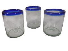 Vintage Hand Blown w/ pontil mark Mexican 4″ Glasses cobalt Blue Rim Heavy (3)