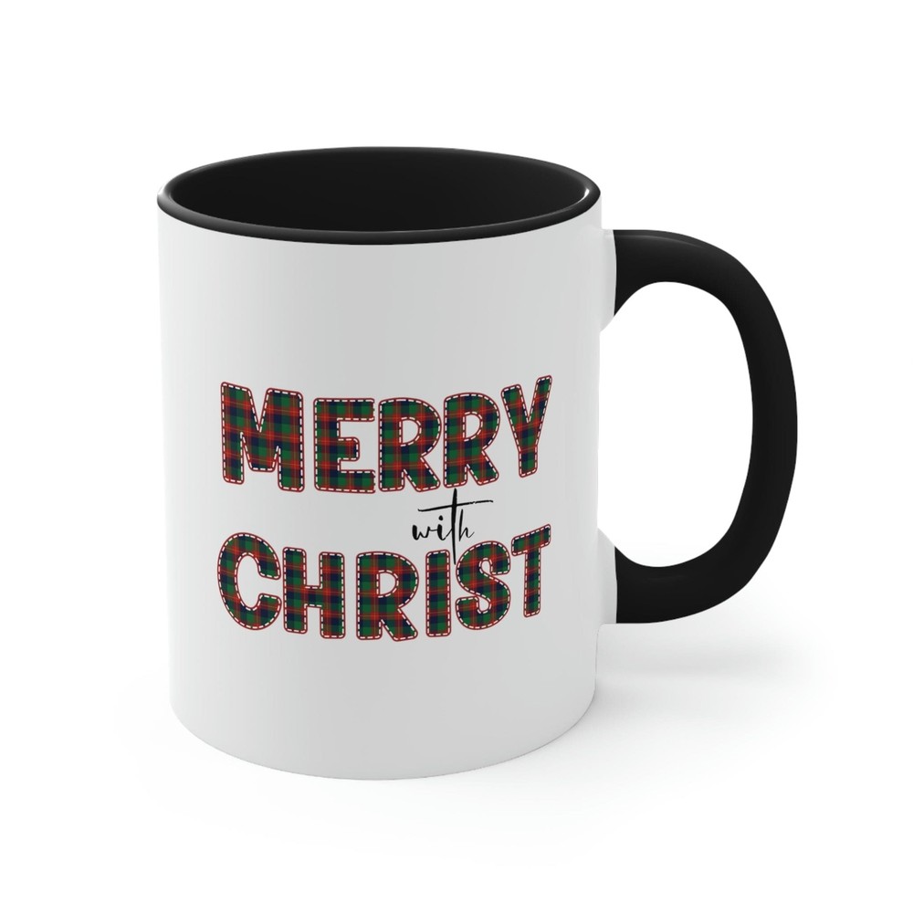 Two-tone Accent Ceramic Mug 11oz – Merry with Christ – Red and Green Plaid Chris