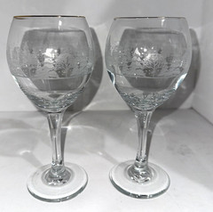 2 Vintage wine glasses, Lynn’s China Winter Snow Trees Gold Rim 7 3/4” Tall