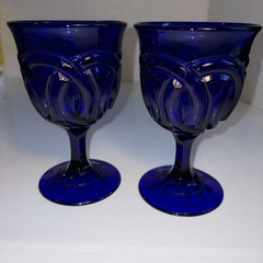 LG Wright Double Ring Goblet Cobalt Blue 6 1/8” Set Of 2 Vintage Glass