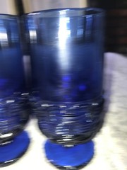 2 Rare L.E. SMITH Cobalt BLUE Wicker BASKETWEAVE 14oz Pedestal TUMBLER Goblet 6″