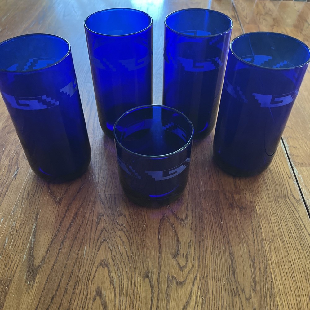 5 Vtg Cobalt Blue Libbey Metropolitan Etched Aztec Tumblers 6” Round Bottom