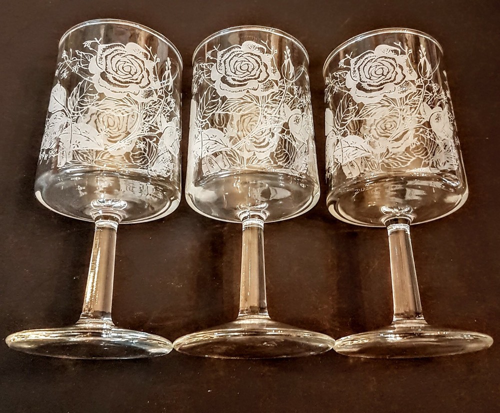 Rose Etched Port Wine Goblet 6 oz Straight Sides Clear Glass Stemware LOT of 3