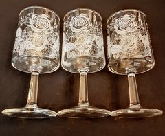 Rose Etched Port Wine Goblet 6 oz Straight Sides Clear Glass Stemware LOT of 3
