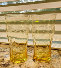 VTG Yellow Depression Glass Floral Etched Optic Panel Tumblers – Set of 2