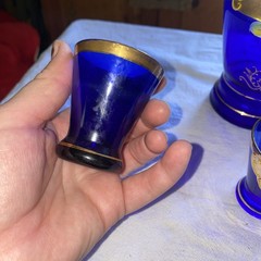VTG Czech Bohemian Cobalt Blue & Gold Enamel Flowers Decanter & Cordial 3 Cups