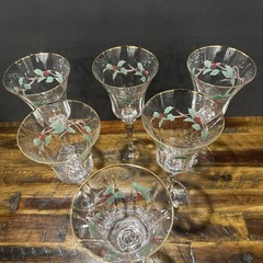 Vintage 80s Mikasa Crystal Ribbon Holly hand blown Set of 6 Glasses Gold Rim