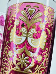 Set 4 Cranberry Pink Gold White Glass Highball Tumblers Folk Art Birds 5.75″H