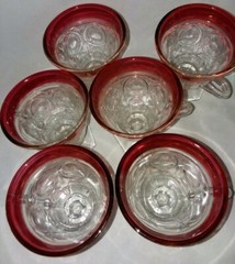 6 Rare 4 Oz Footed Kings Crown Thumbprint Cup Tumblers Ruby Rim Handled Vintage